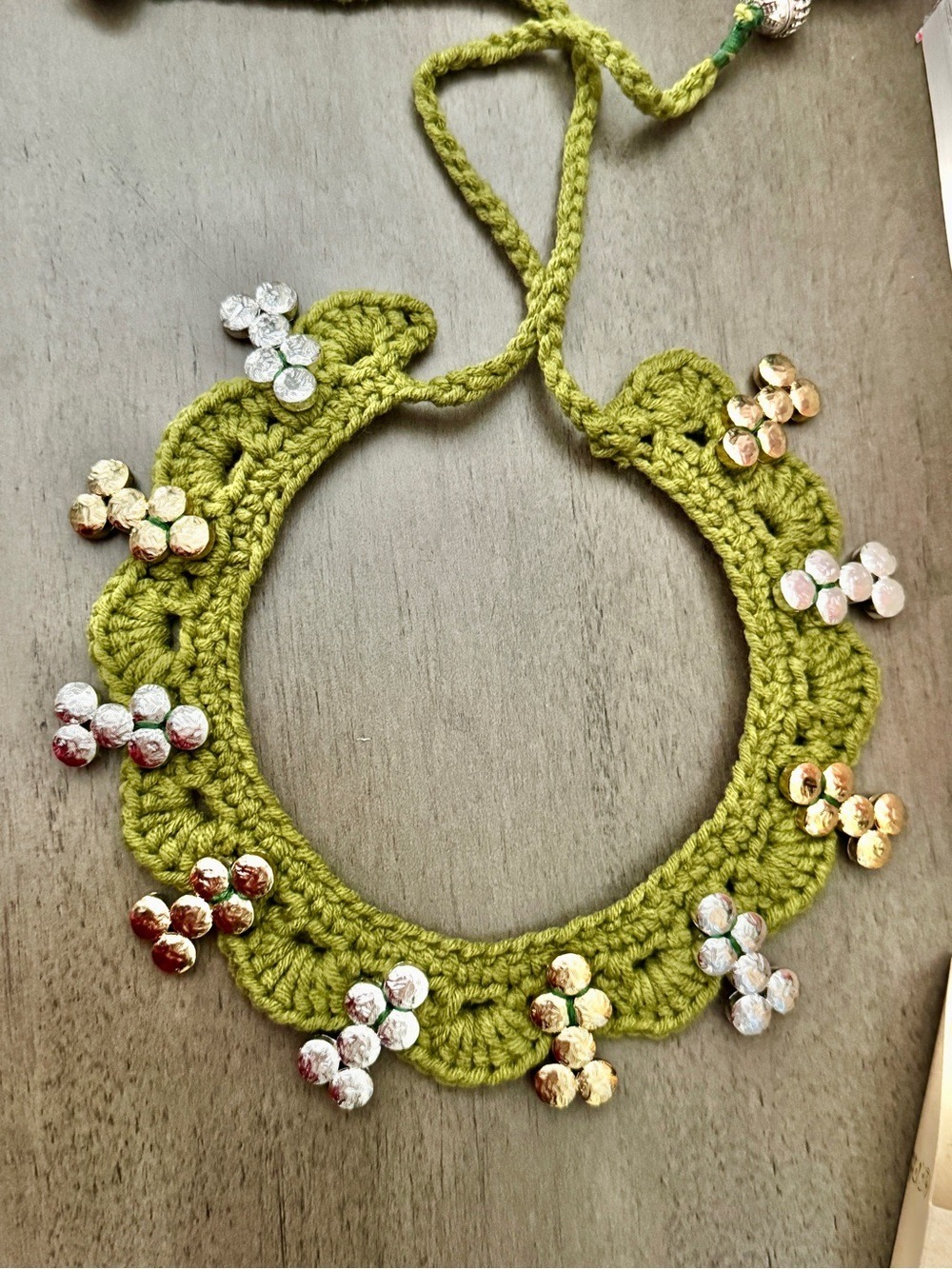 Handmade Olive Green Crochet Necklace with Sequin Flower Accents
